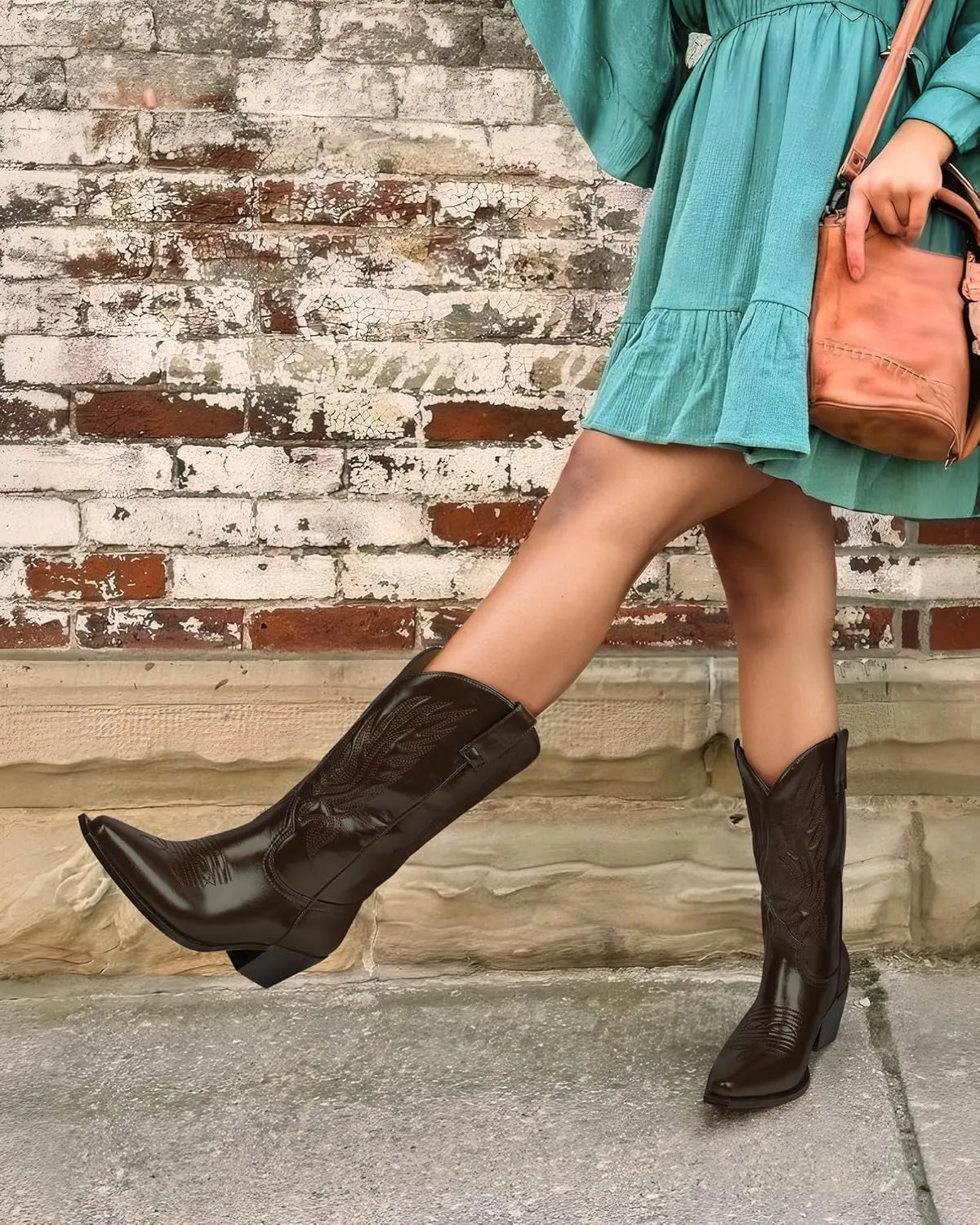 MUCCCUTE Cowboy Boots for Women – Mid Calf Cowgirl Boots Embroidered Chunky Heels Pointed Toe Pull On, Perfect for Partys, Country Music Festivals, Concerts, and More