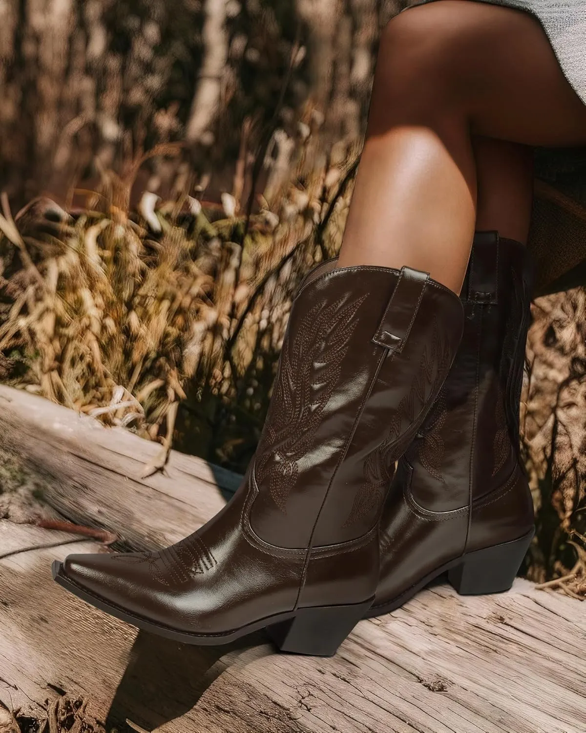 MUCCCUTE Cowboy Boots for Women – Mid Calf Cowgirl Boots Embroidered Chunky Heels Pointed Toe Pull On, Perfect for Partys, Country Music Festivals, Concerts, and More
