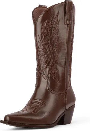 MUCCCUTE Cowboy Boots for Women – Mid Calf Cowgirl Boots Embroidered Chunky Heels Pointed Toe Pull On, Perfect for Partys, Country Music Festivals, Concerts, and More