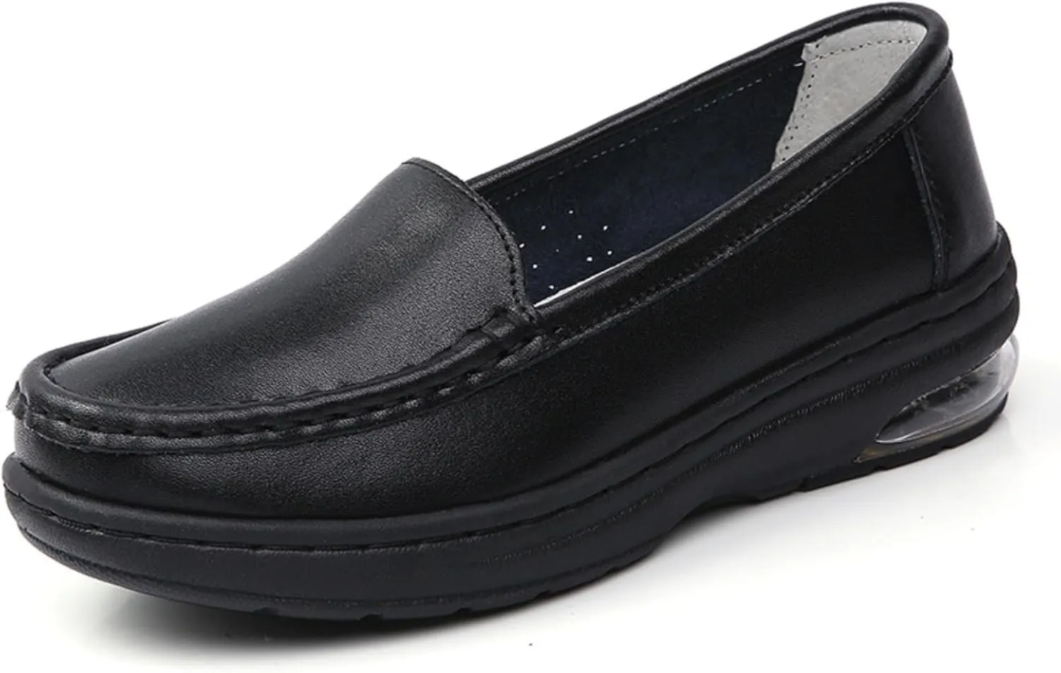 Myallfeet Ladies Air Cushion Slip On Nurse Shoes-Casual Leather Comfort Air Cushion Low Heel Loafers Lightweight Non-Slip Moccasin Walking Shoes (White,6)