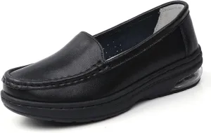 Myallfeet Ladies Air Cushion Slip On Nurse Shoes-Casual Leather Comfort Air Cushion Low Heel Loafers Lightweight Non-Slip Moccasin Walking Shoes (White,6)