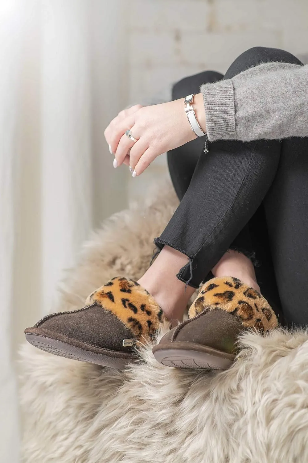 Natural Women's Marilyn Slippers Indoor Outdoor Fluffy Mules Warm Comfortable Slip-On House Shoes | 100% Real Suede Upper, Plush Sheepskin Lining, Cushioned EVA Sole