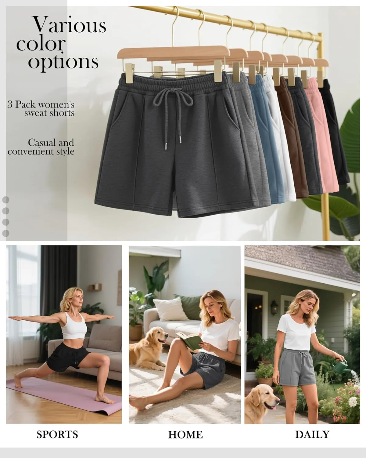 Neer 3 Pack Women's Sweat Shorts, Casual Drawstring Athletic Shorts Summer Lounge Loose Solid Active Short Pants with Pockets