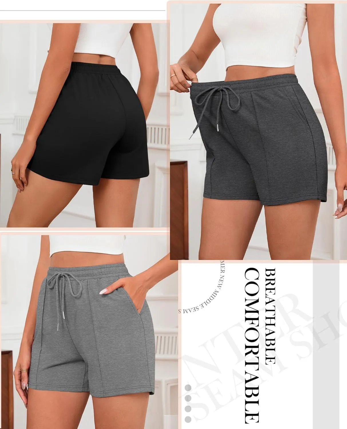 Neer 3 Pack Women's Sweat Shorts, Casual Drawstring Athletic Shorts Summer Lounge Loose Solid Active Short Pants with Pockets