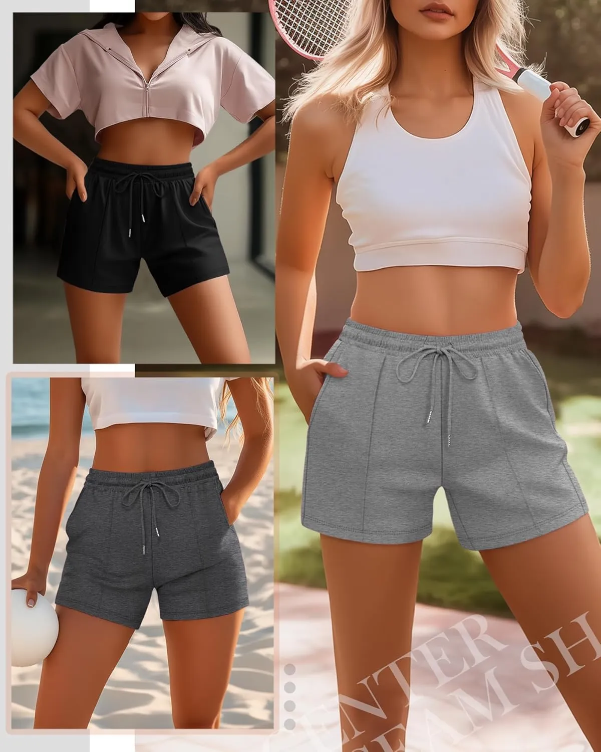 Neer 3 Pack Women's Sweat Shorts, Casual Drawstring Athletic Shorts Summer Lounge Loose Solid Active Short Pants with Pockets