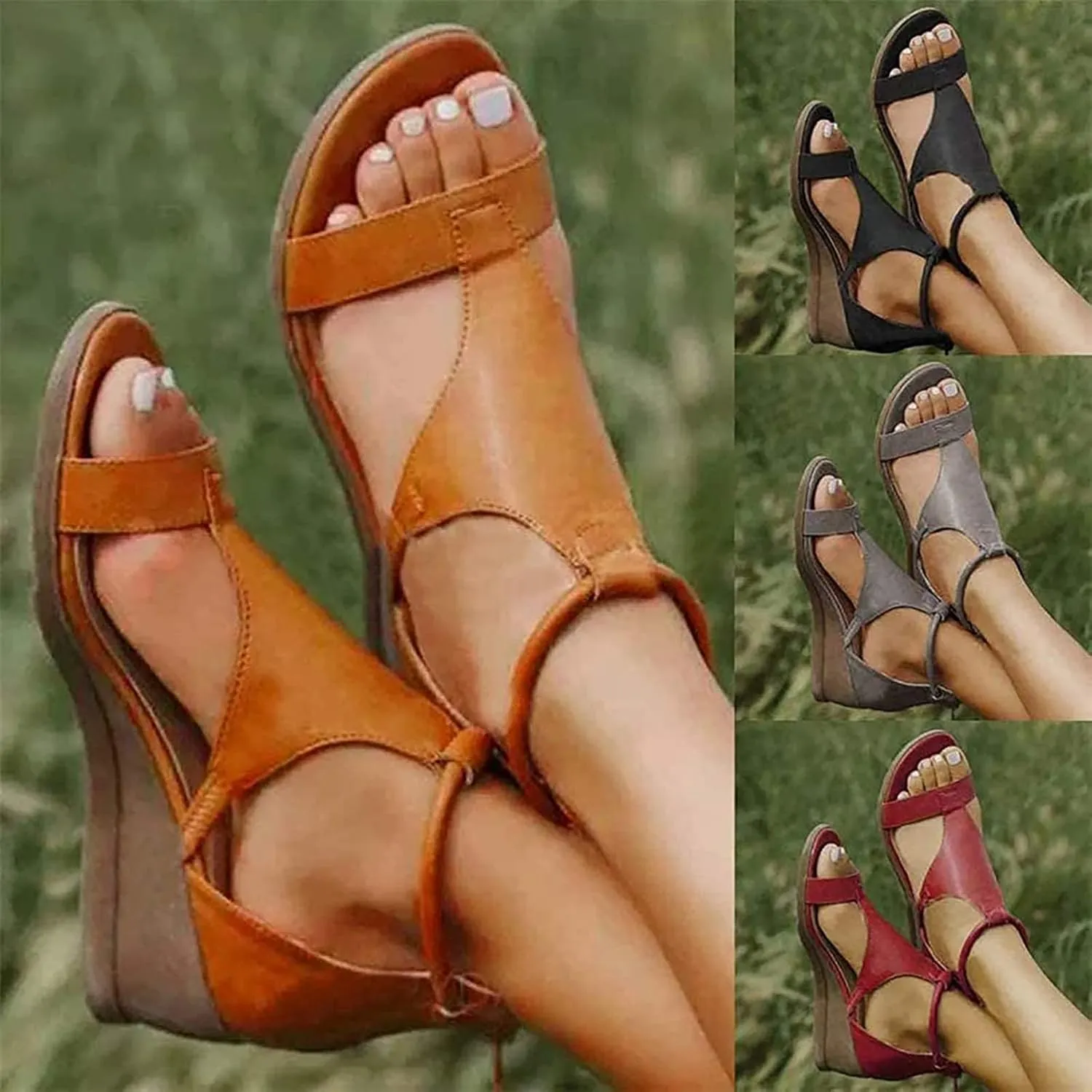 New 2021 Women's Platform Sandals T-Strap Sandals Heeled Wedge Ankle Strap Open Toe Sandals with Zipper Vintage Gladiator Beach Sandals Ladies Walking Shoes,Black,US9/EU40