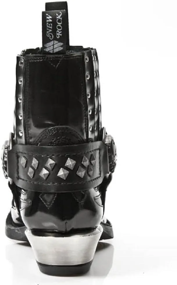 New Rock 7950-S9 Mens Black Ankle Boots Western Goth Strap Skull Stud Metal
