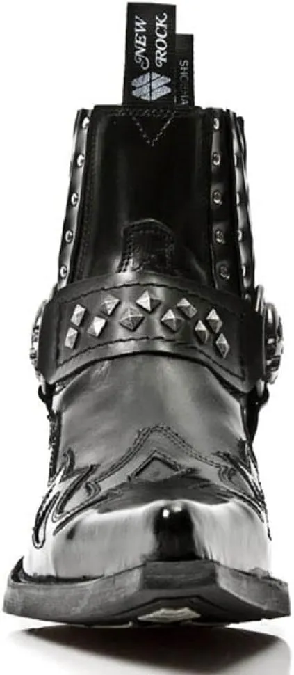 New Rock 7950-S9 Mens Black Ankle Boots Western Goth Strap Skull Stud Metal