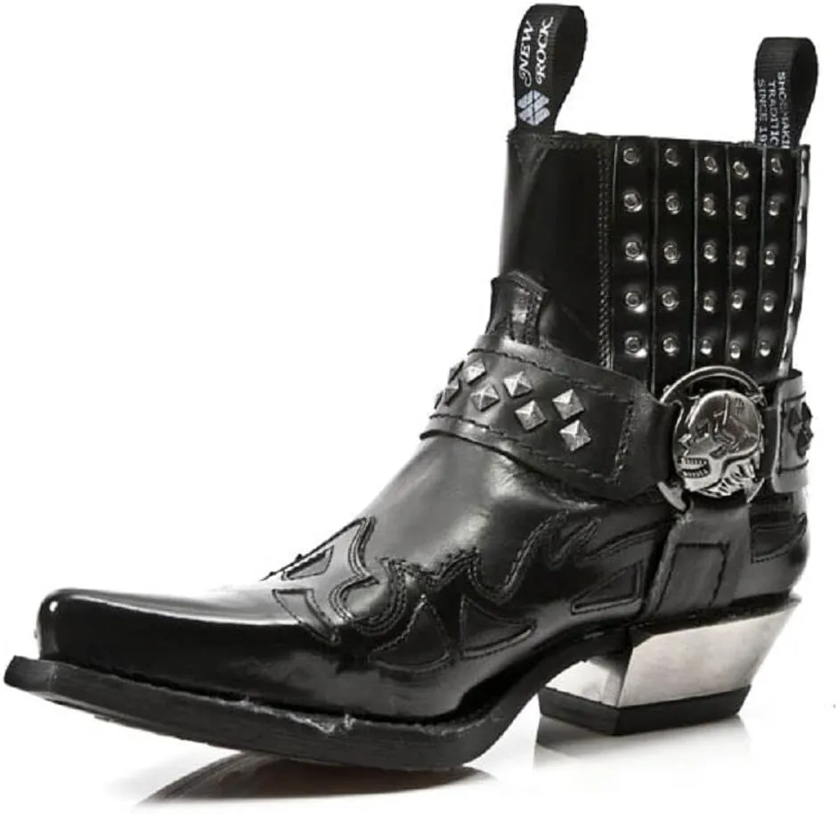 New Rock 7950-S9 Mens Black Ankle Boots Western Goth Strap Skull Stud Metal