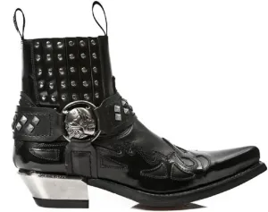 New Rock 7950-S9 Mens Black Ankle Boots Western Goth Strap Skull Stud Metal