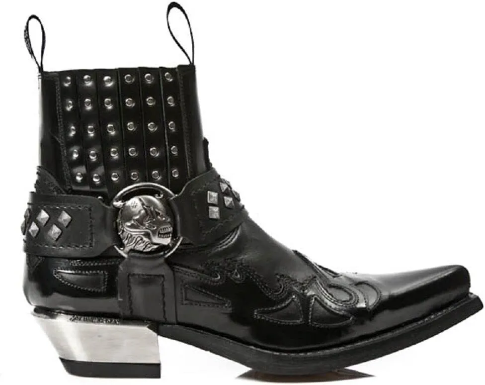 New Rock 7950-S9 Mens Black Ankle Boots Western Goth Strap Skull Stud Metal