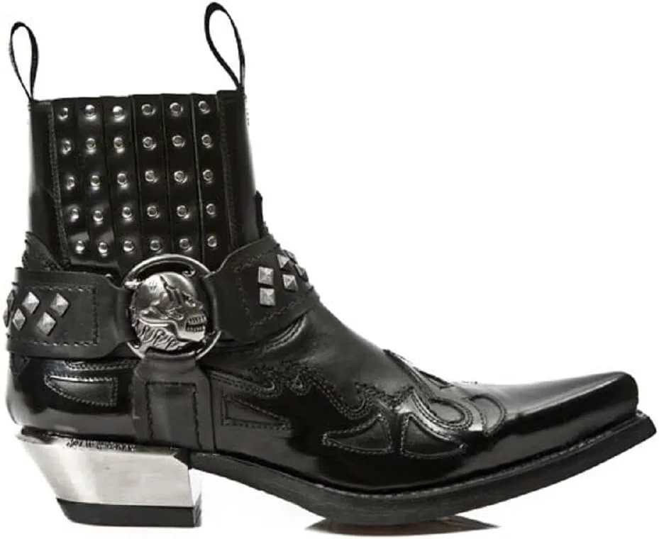 New Rock 7950-S9 Mens Black Ankle Boots Western Goth Strap Skull Stud Metal