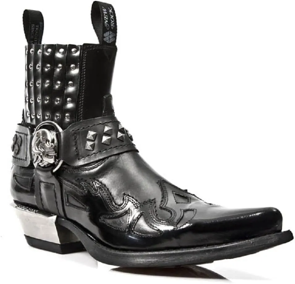 New Rock 7950-S9 Mens Black Ankle Boots Western Goth Strap Skull Stud Metal