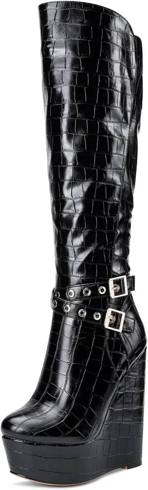NobleOnly Women's High Heels Platform Wedge Mid Calf Boots Round Toe Lace Up Boot with Zipper Basic Office Boot 6" Heel Shoes