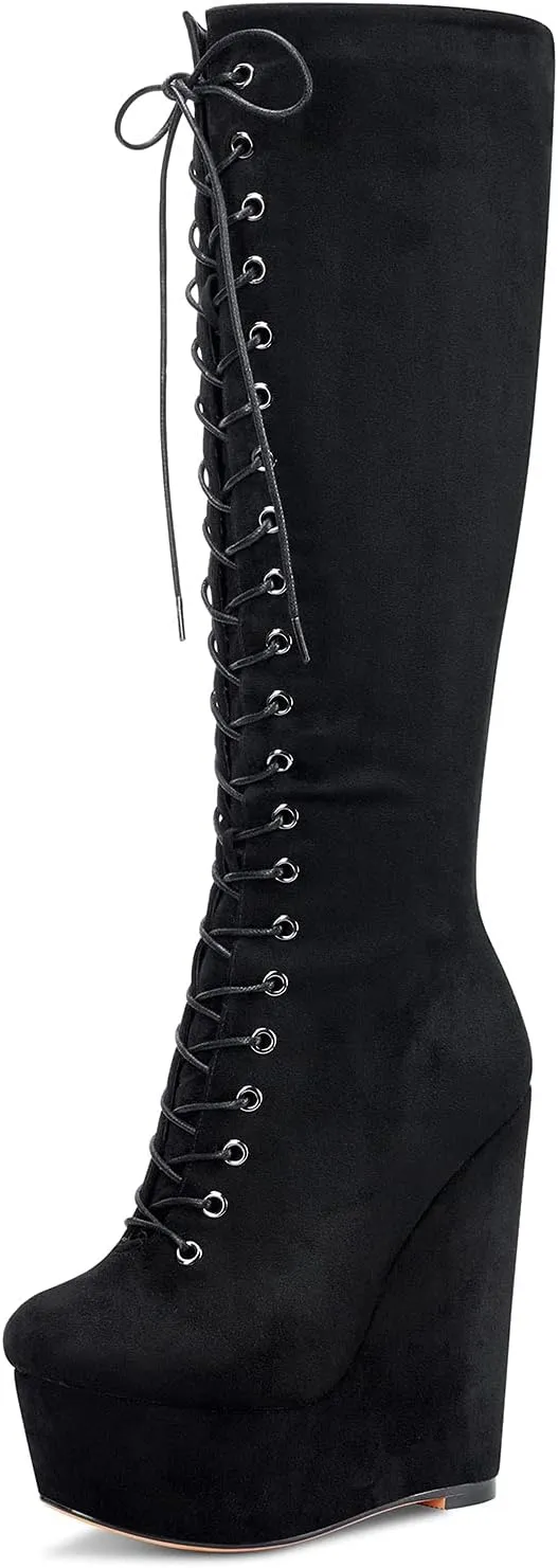 NobleOnly Women's High Heels Platform Wedge Mid Calf Boots Round Toe Lace Up Boot with Zipper Basic Office Boot 6" Heel Shoes