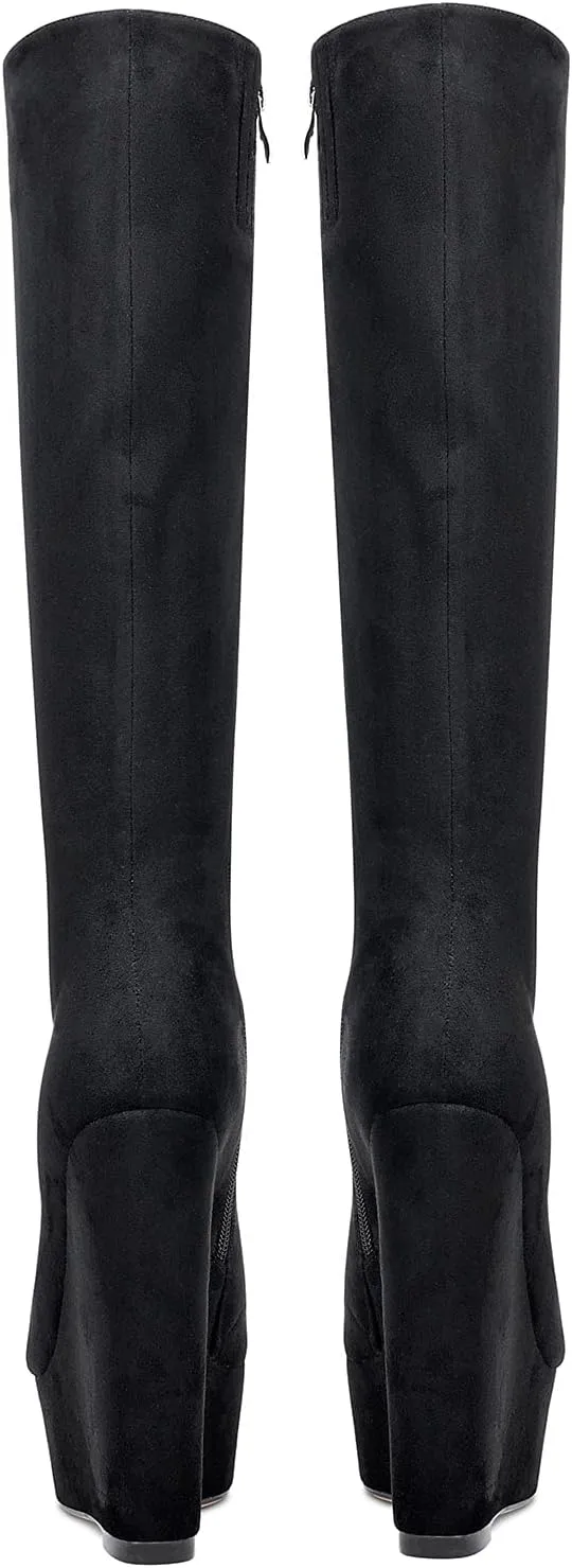 NobleOnly Women's High Heels Platform Wedge Mid Calf Boots Round Toe Lace Up Boot with Zipper Basic Office Boot 6" Heel Shoes