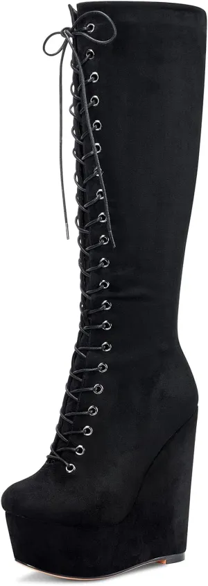 NobleOnly Women's High Heels Platform Wedge Mid Calf Boots Round Toe Lace Up Boot with Zipper Basic Office Boot 6" Heel Shoes