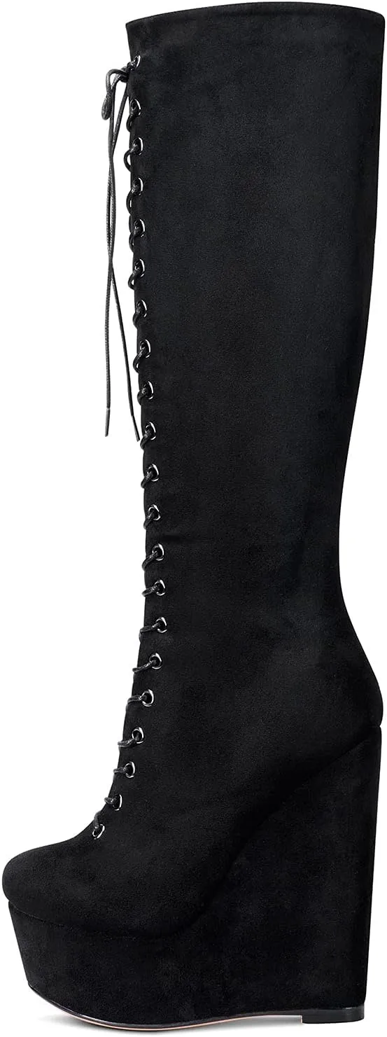NobleOnly Women's High Heels Platform Wedge Mid Calf Boots Round Toe Lace Up Boot with Zipper Basic Office Boot 6" Heel Shoes