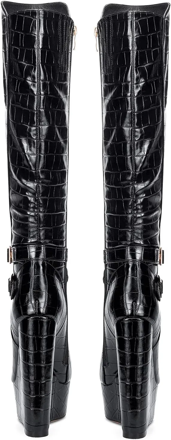 NobleOnly Women's High Heels Platform Wedge Mid Calf Boots Round Toe Lace Up Boot with Zipper Basic Office Boot 6" Heel Shoes