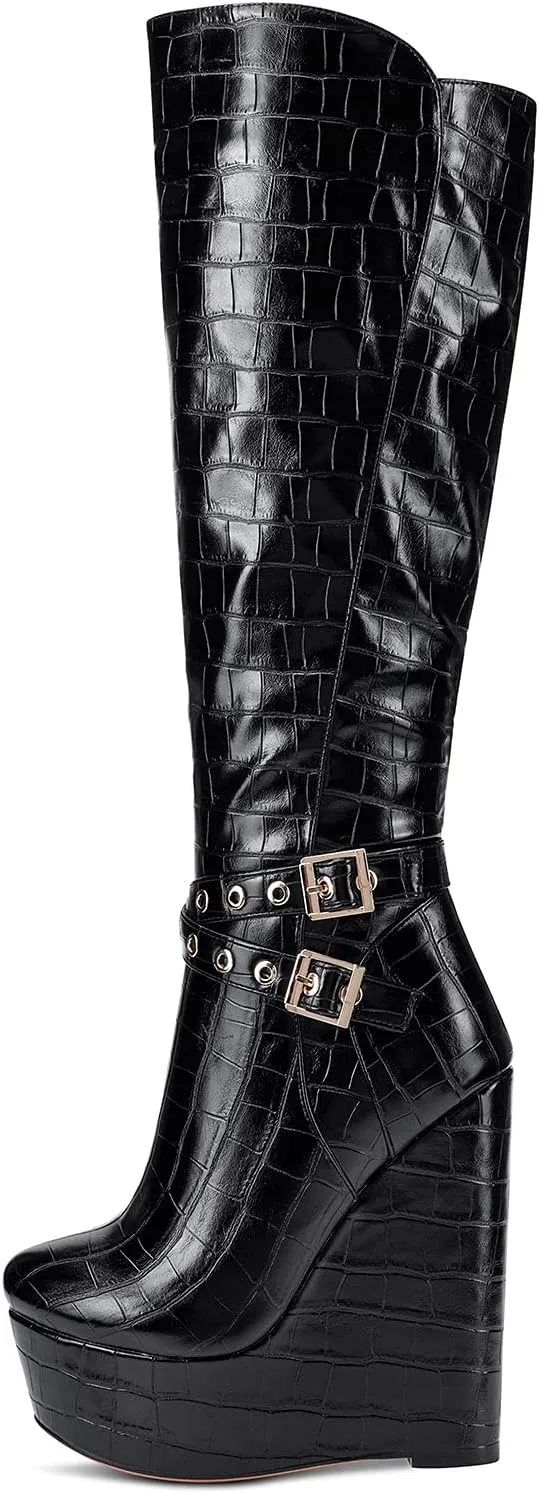 NobleOnly Women's High Heels Platform Wedge Mid Calf Boots Round Toe Lace Up Boot with Zipper Basic Office Boot 6" Heel Shoes