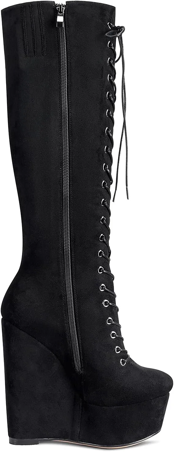 NobleOnly Women's High Heels Platform Wedge Mid Calf Boots Round Toe Lace Up Boot with Zipper Basic Office Boot 6" Heel Shoes