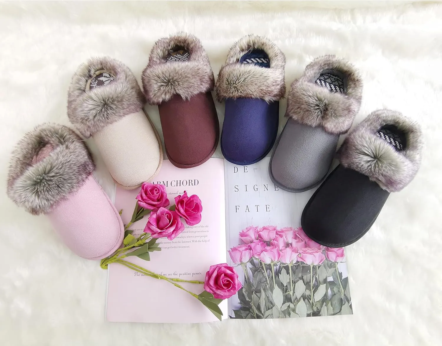 ofoot Womens Winter Warm Comfortable Moccasins Faux Fur Suede Slip On Slippers Mules Furry House Shoes