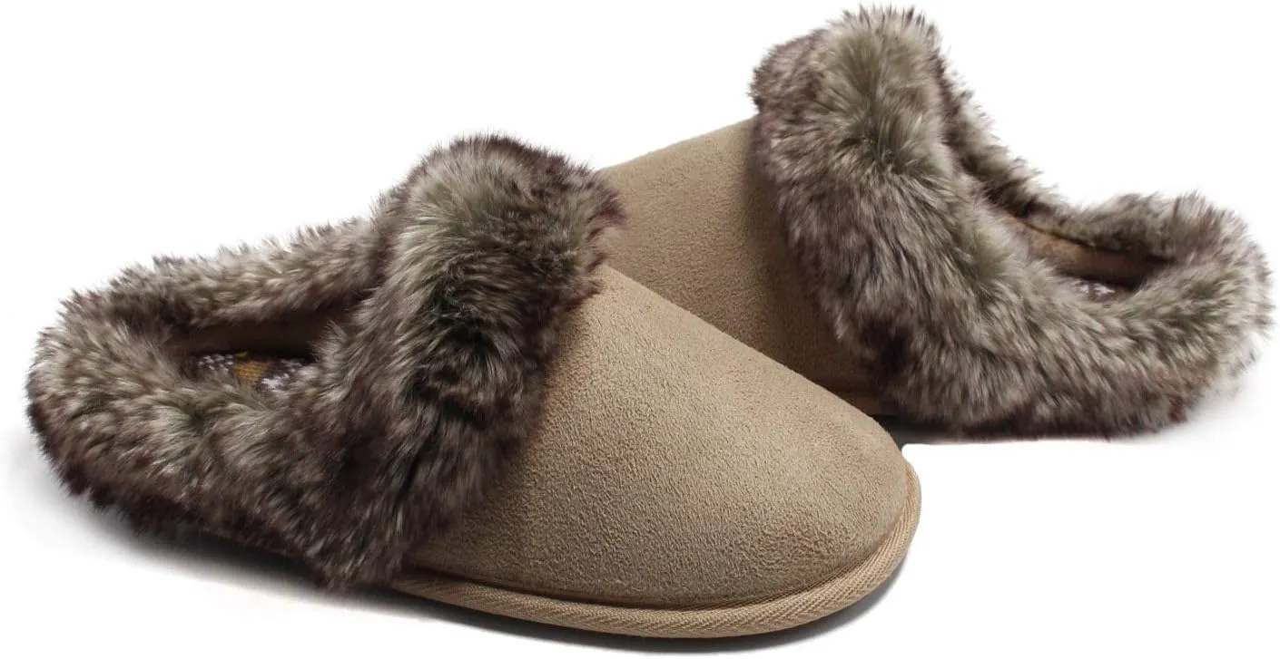 ofoot Womens Winter Warm Comfortable Moccasins Faux Fur Suede Slip On Slippers Mules Furry House Shoes
