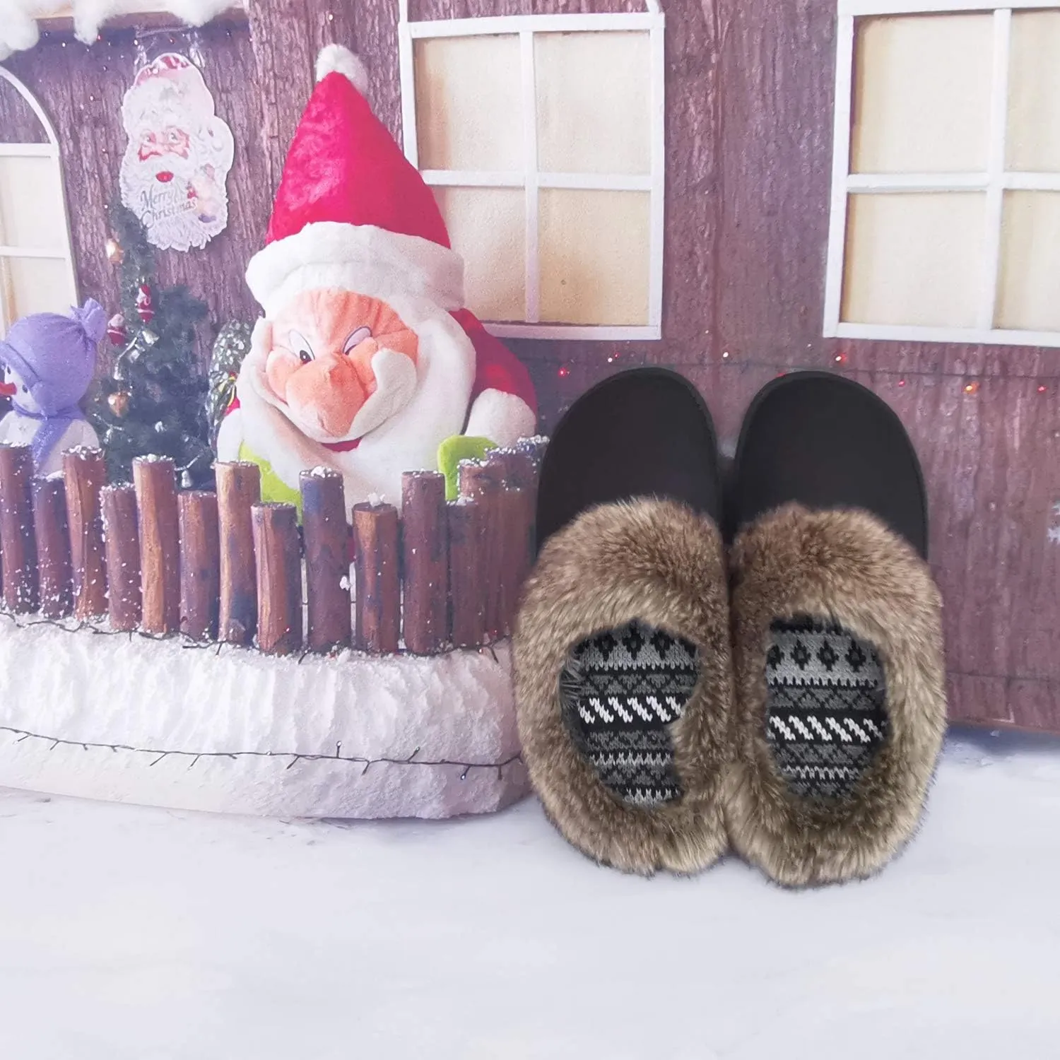 ofoot Womens Winter Warm Comfortable Moccasins Faux Fur Suede Slip On Slippers Mules Furry House Shoes