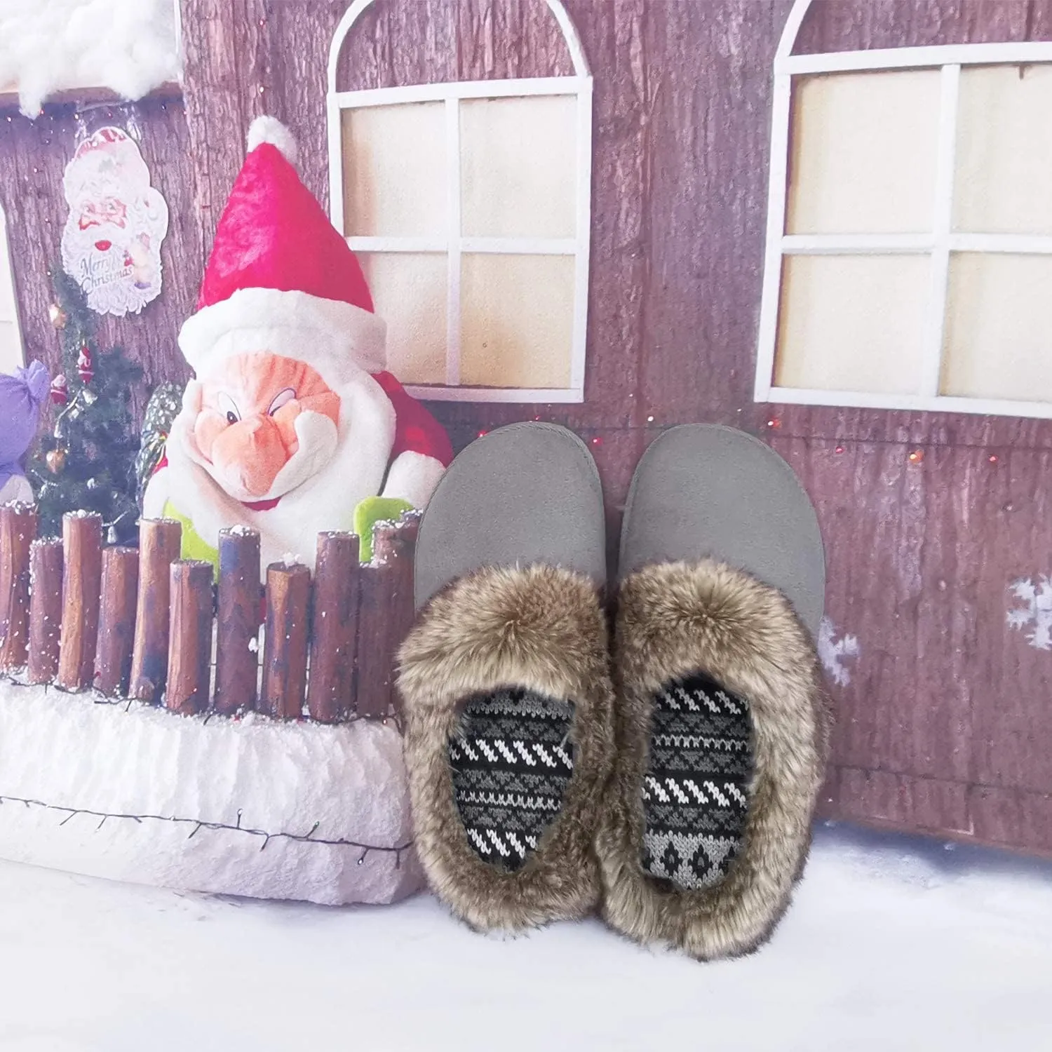ofoot Womens Winter Warm Comfortable Moccasins Faux Fur Suede Slip On Slippers Mules Furry House Shoes