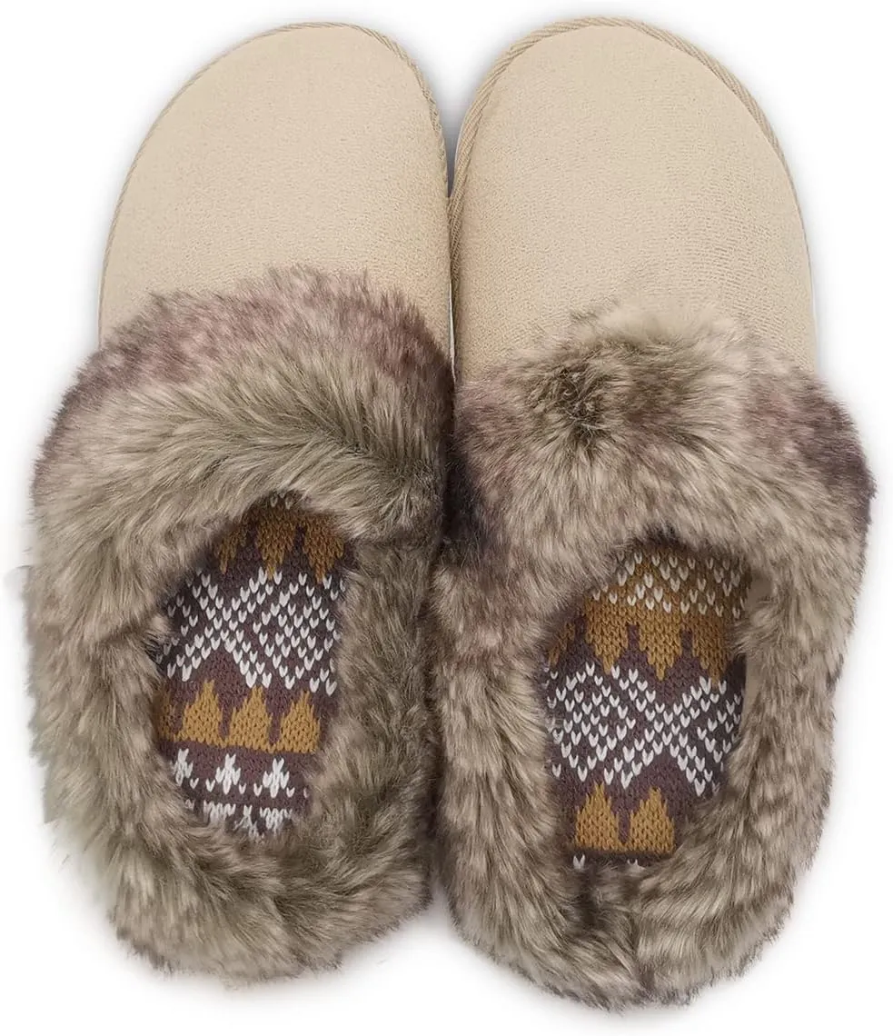 ofoot Womens Winter Warm Comfortable Moccasins Faux Fur Suede Slip On Slippers Mules Furry House Shoes