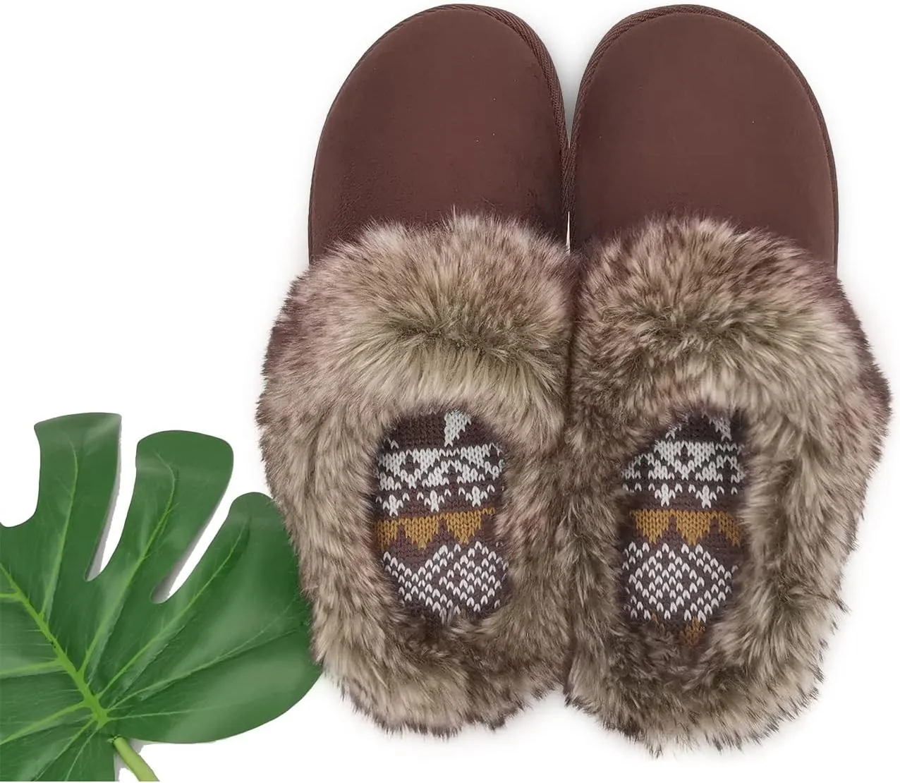 ofoot Womens Winter Warm Comfortable Moccasins Faux Fur Suede Slip On Slippers Mules Furry House Shoes