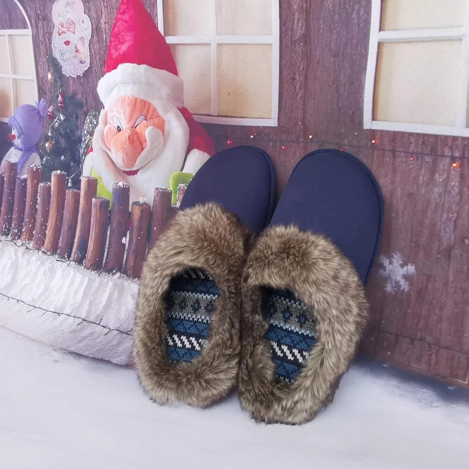 ofoot Womens Winter Warm Comfortable Moccasins Faux Fur Suede Slip On Slippers Mules Furry House Shoes