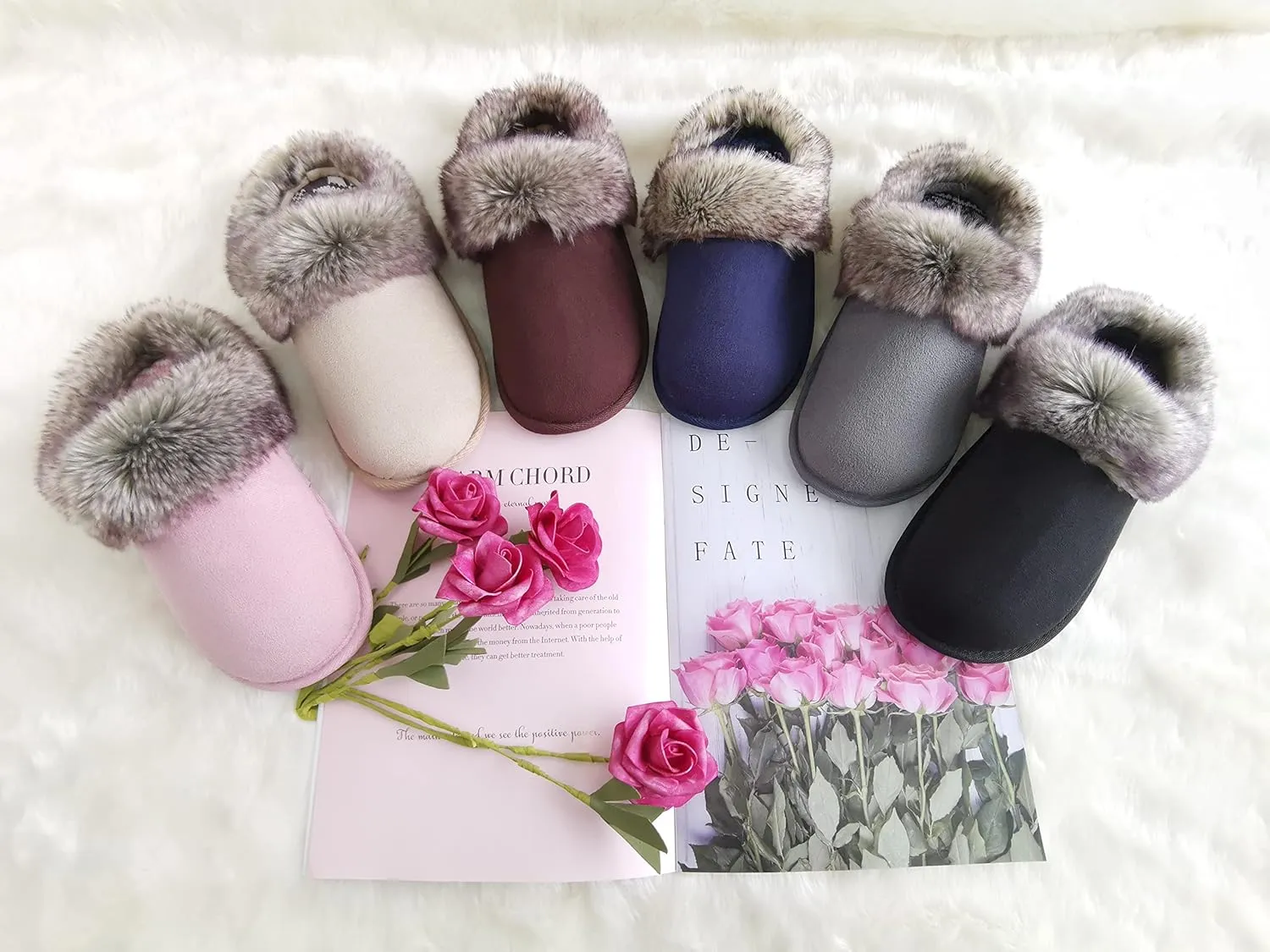 ofoot Womens Winter Warm Comfortable Moccasins Faux Fur Suede Slip On Slippers Mules Furry House Shoes
