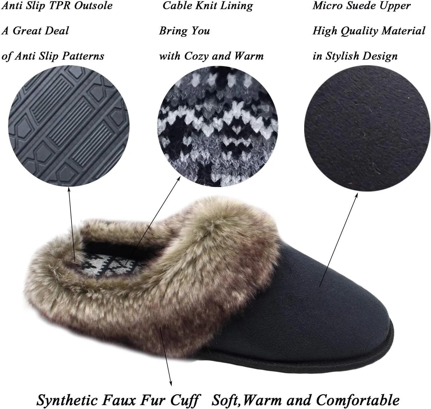ofoot Womens Winter Warm Comfortable Moccasins Faux Fur Suede Slip On Slippers Mules Furry House Shoes