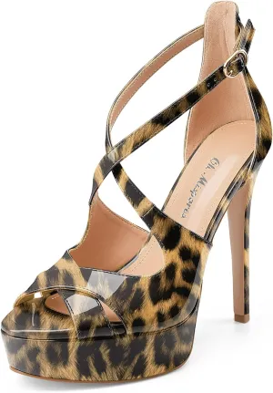 Oh Mispares Platform High Heel Sandals Peep Toe Stiletto Crisscross Strappy Buckle 5 inch Heels Dressy Heeled Sandals for Women/Girls