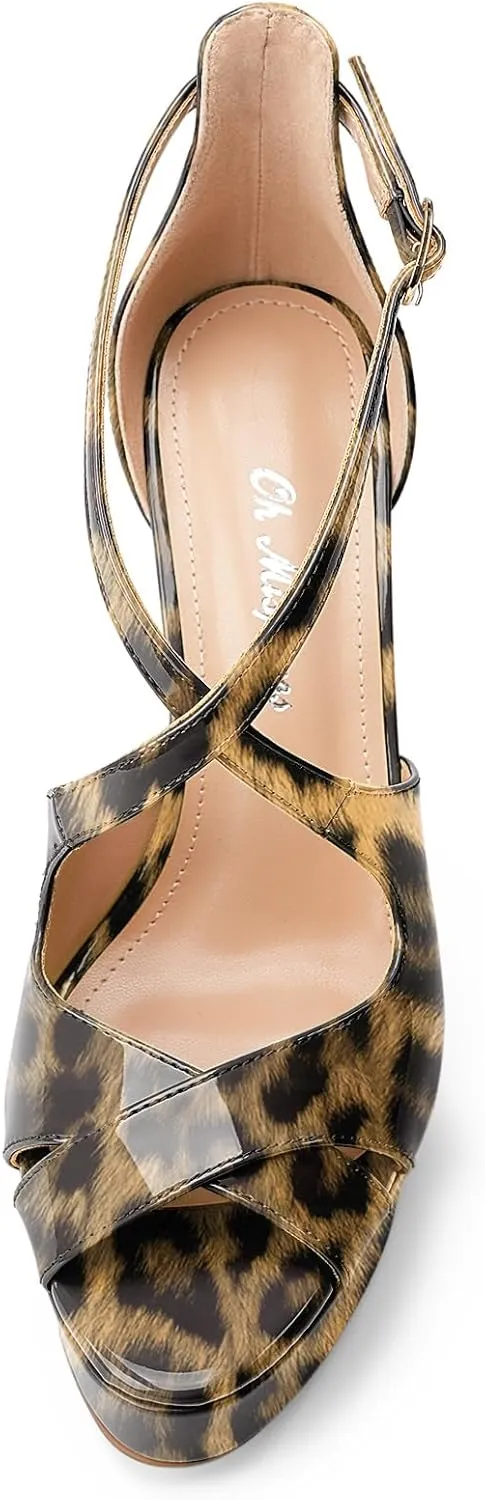Oh Mispares Platform High Heel Sandals Peep Toe Stiletto Crisscross Strappy Buckle 5 inch Heels Dressy Heeled Sandals for Women/Girls