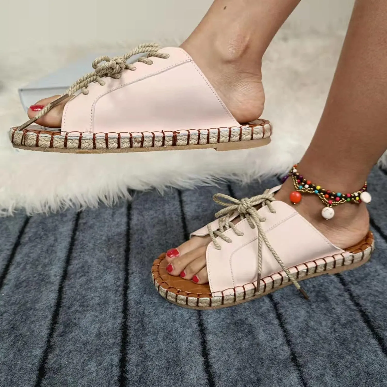 oiangi Beach Sandals for Women Flat Slippers Casual Summer Floral Print Open Toe Hemp Rope Straps Lace Up Platform Shoes Comfortable Slide Sandalias