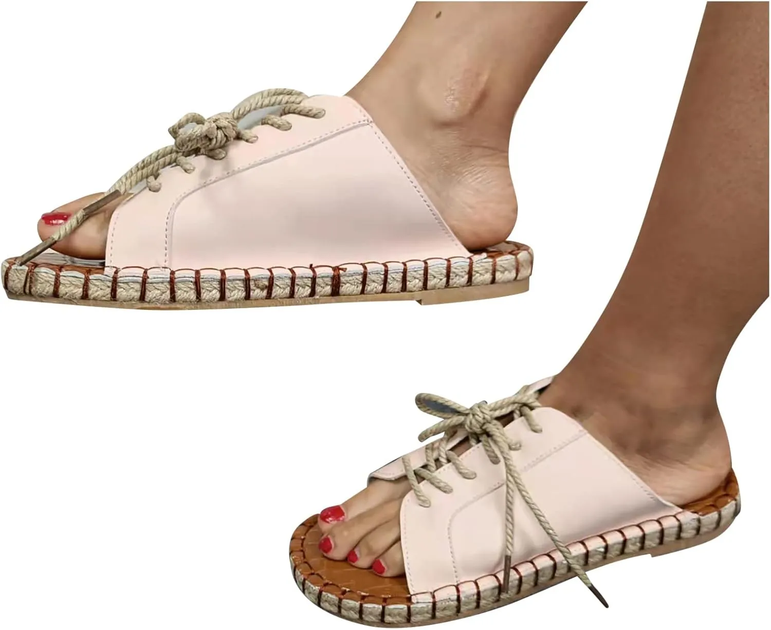 oiangi Beach Sandals for Women Flat Slippers Casual Summer Floral Print Open Toe Hemp Rope Straps Lace Up Platform Shoes Comfortable Slide Sandalias