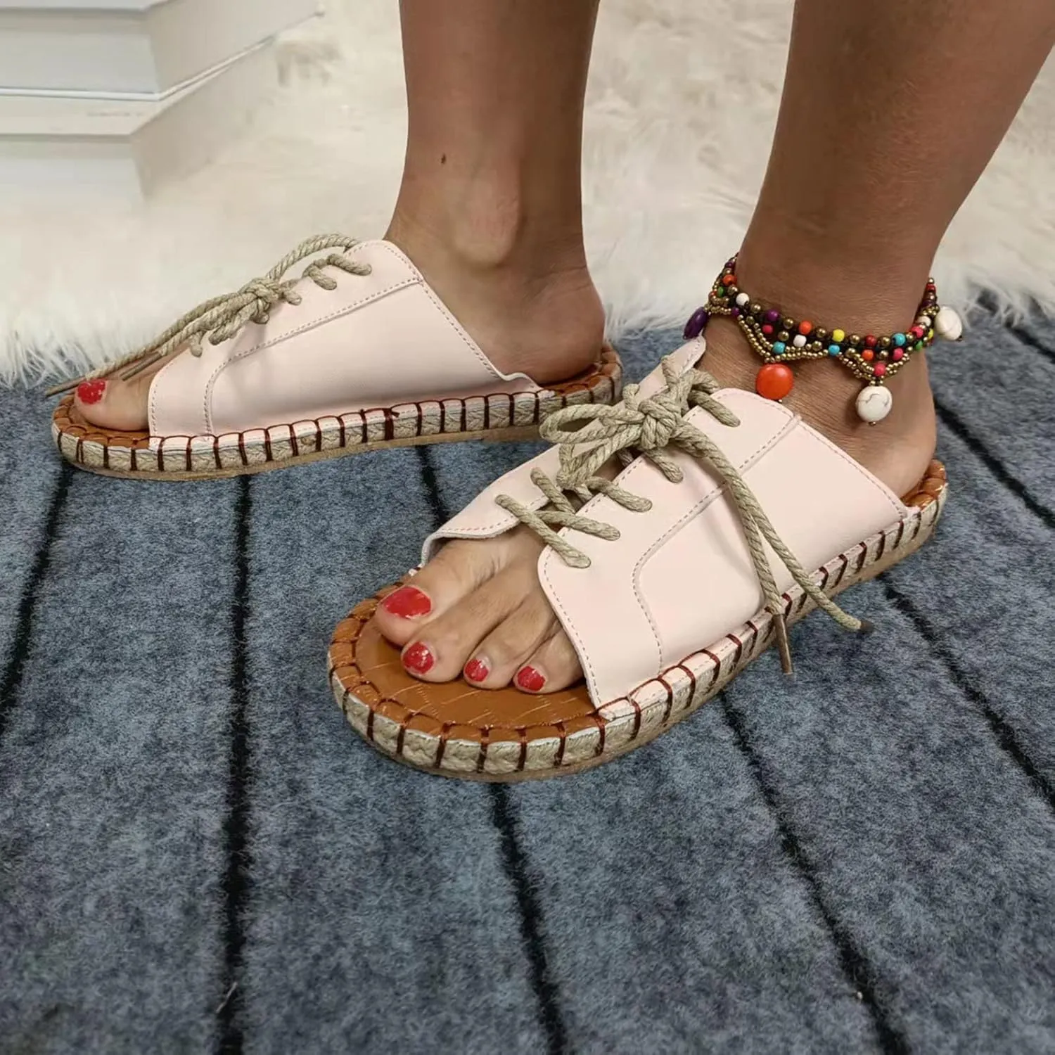 oiangi Beach Sandals for Women Flat Slippers Casual Summer Floral Print Open Toe Hemp Rope Straps Lace Up Platform Shoes Comfortable Slide Sandalias