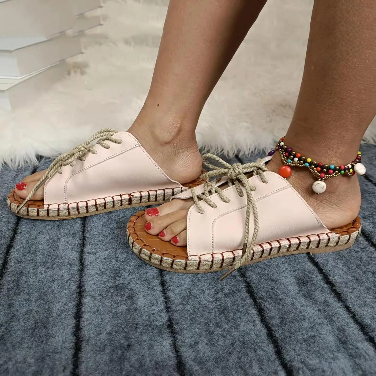 oiangi Beach Sandals for Women Flat Slippers Casual Summer Floral Print Open Toe Hemp Rope Straps Lace Up Platform Shoes Comfortable Slide Sandalias