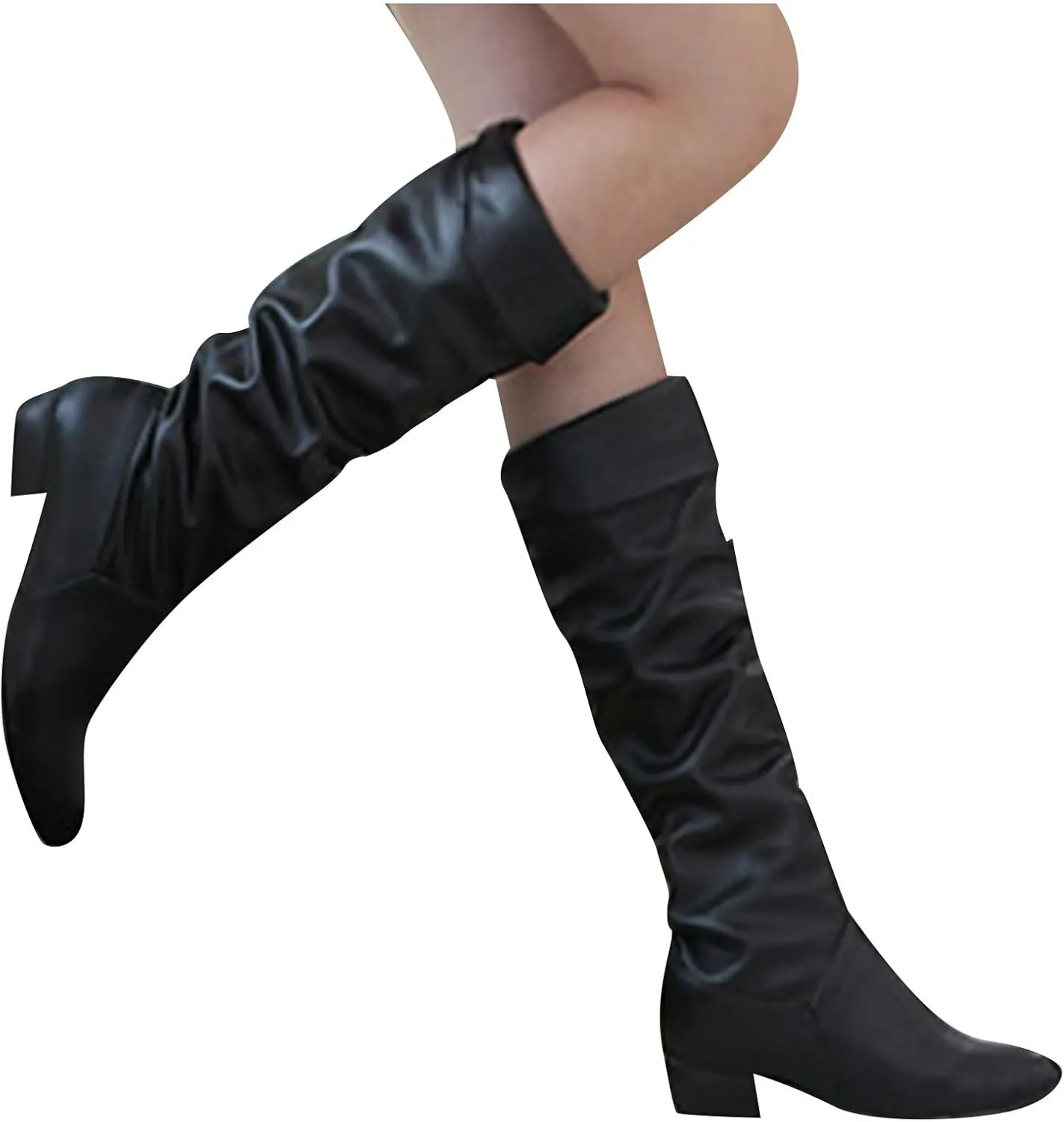 oiangi Boots for Women Knee High 2022 Fashion Casual Round Toe Pleated Block Chunky Low Heel Boots Winter Elegant Solid Comfy Outdoor Ladies Shoes