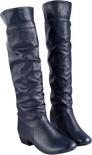 oiangi Boots for Women Knee High 2022 Fashion Casual Round Toe Pleated Block Chunky Low Heel Boots Winter Elegant Solid Comfy Outdoor Ladies Shoes