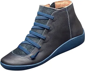 oiangi Leather Boots for Women Casual Retro Round Toe Lace-Up Flat Ankle Booties Side Zipper Plus Size Comfortable Ladies Outdoor Shoe Short Boots