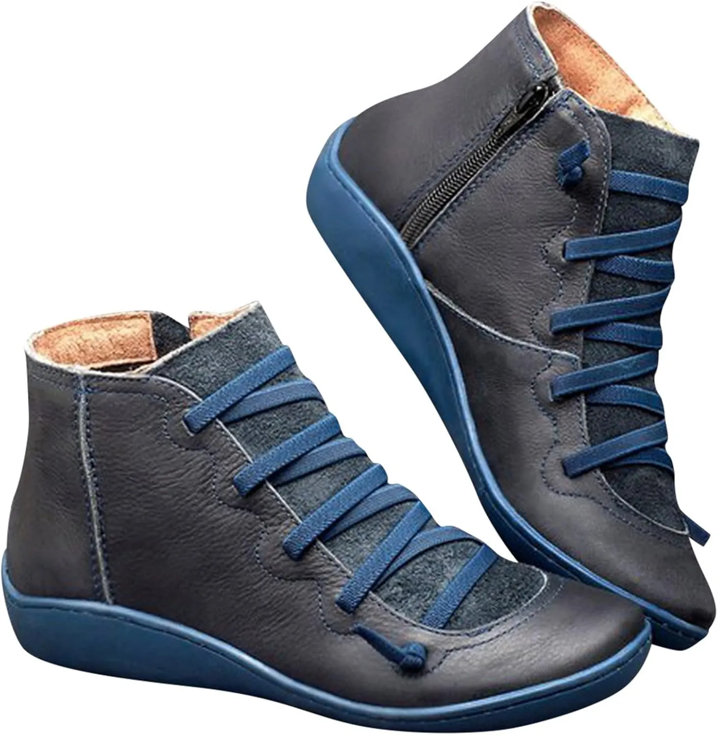 oiangi Leather Boots for Women Casual Retro Round Toe Lace-Up Flat Ankle Booties Side Zipper Plus Size Comfortable Ladies Outdoor Shoe Short Boots