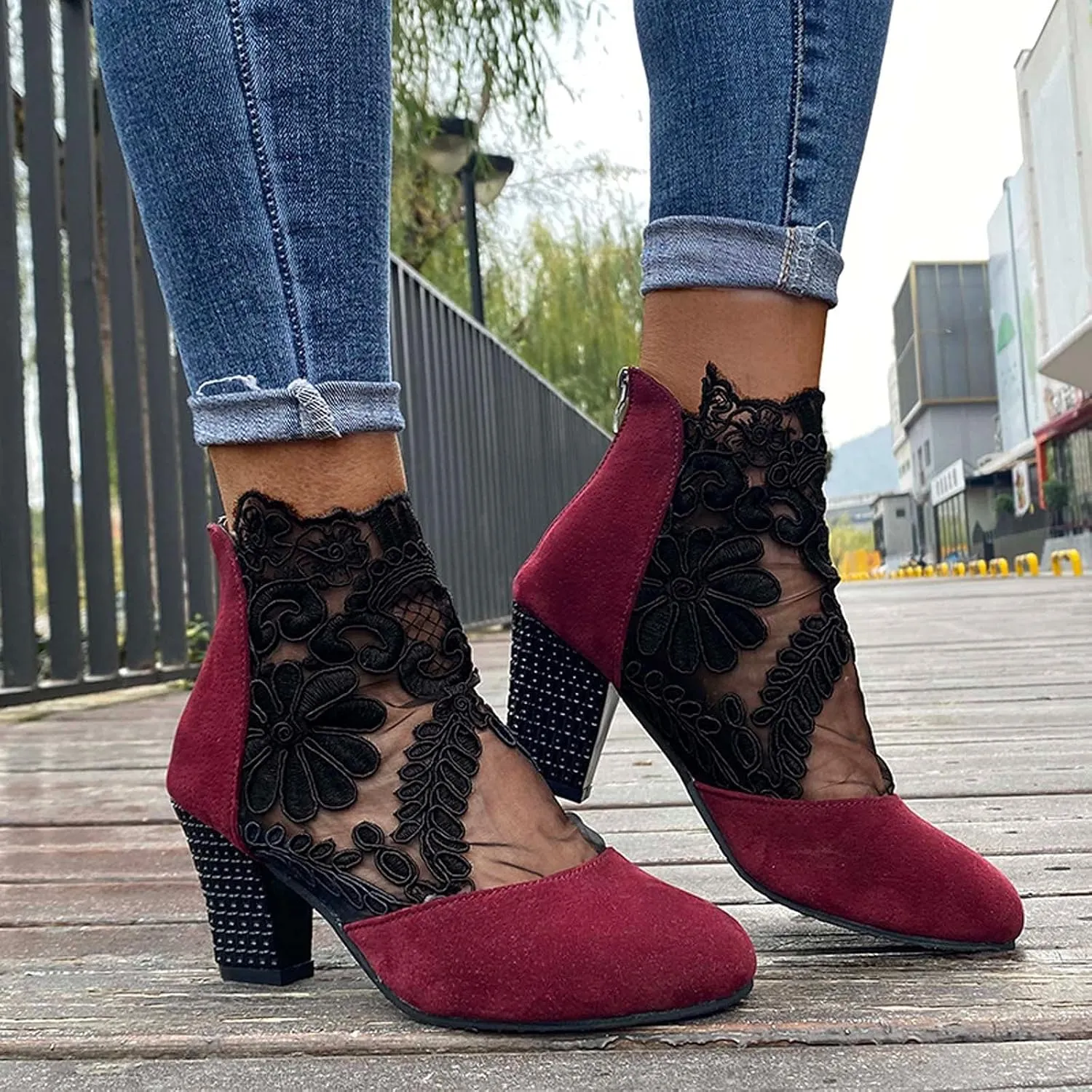 oiangi Womens Flowers Lace Mesh Sandals Thick Heel Casual Summer Closed Toe Back Zipper Chunky High Heel Shoes Elegant Comfortable Breathable Shoes