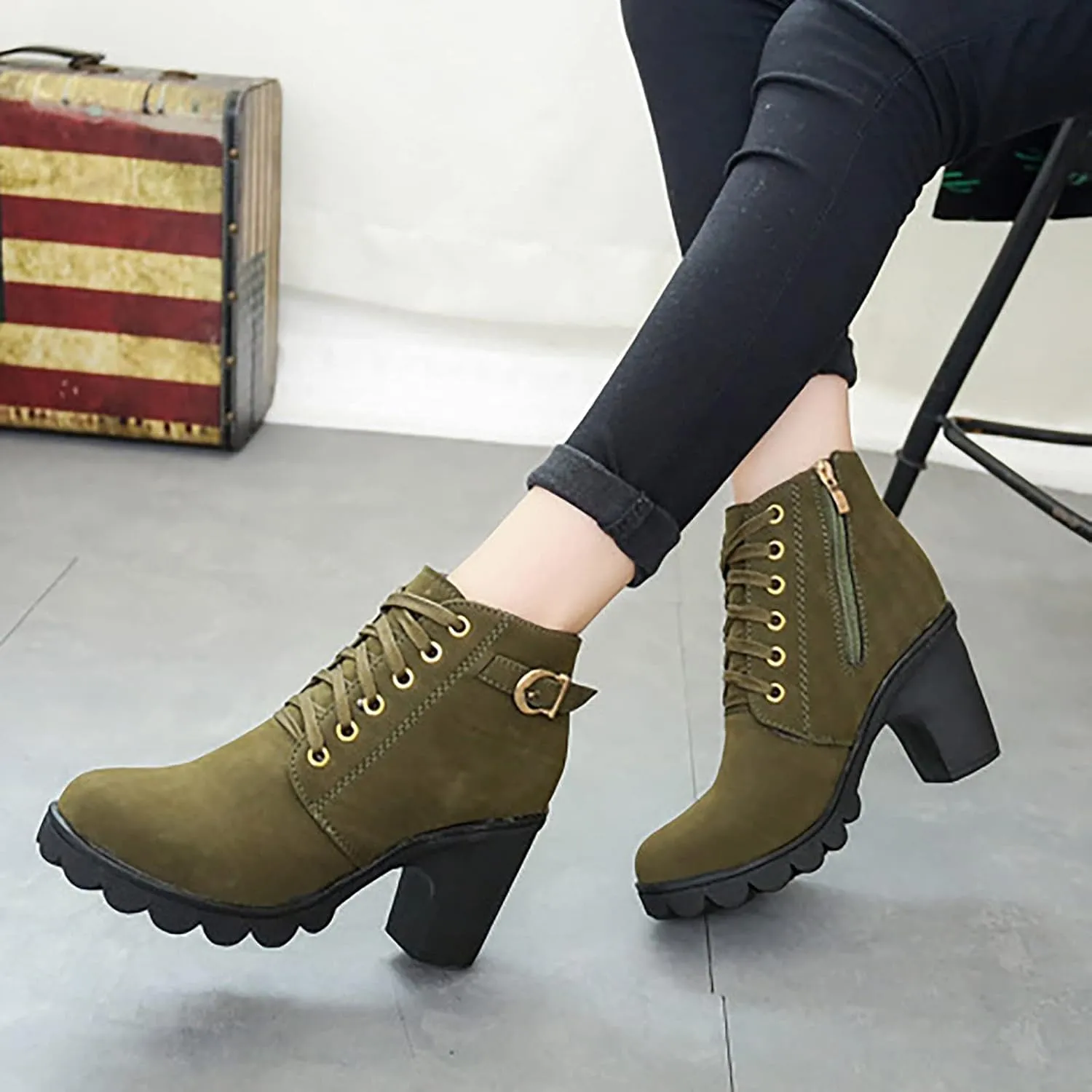 oiangi Womens Thick Heel Ankle Boots Fashion Lace Up Metal Buckle Round Toe Side Zipper High Heel Booties Winter Comfy Warm Ladies Leather Boots Shoes