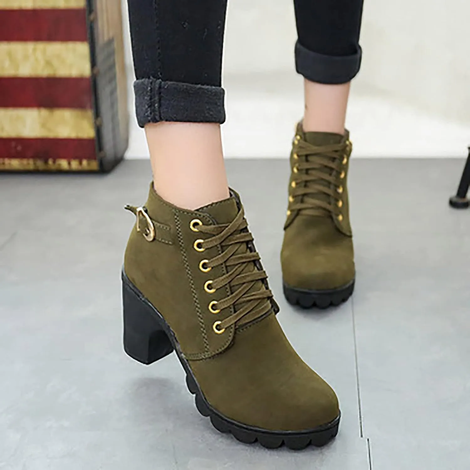 oiangi Womens Thick Heel Ankle Boots Fashion Lace Up Metal Buckle Round Toe Side Zipper High Heel Booties Winter Comfy Warm Ladies Leather Boots Shoes