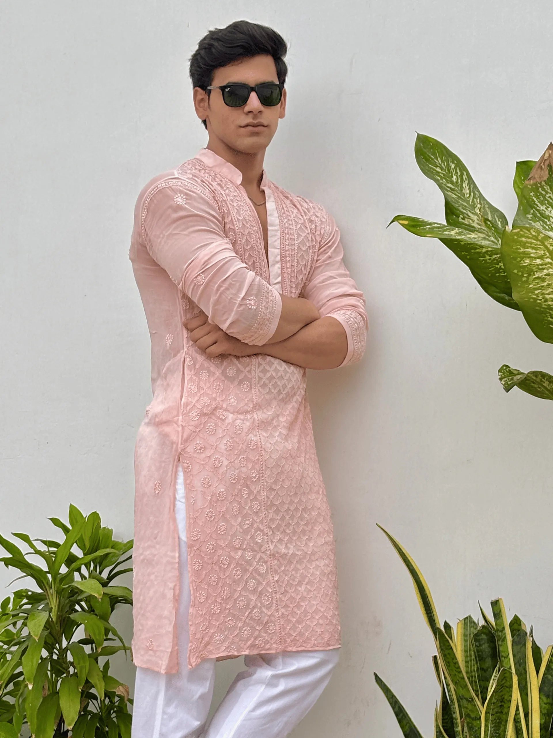 Old Rose Ember Mens Chikankari Hand-embroidered Kurta