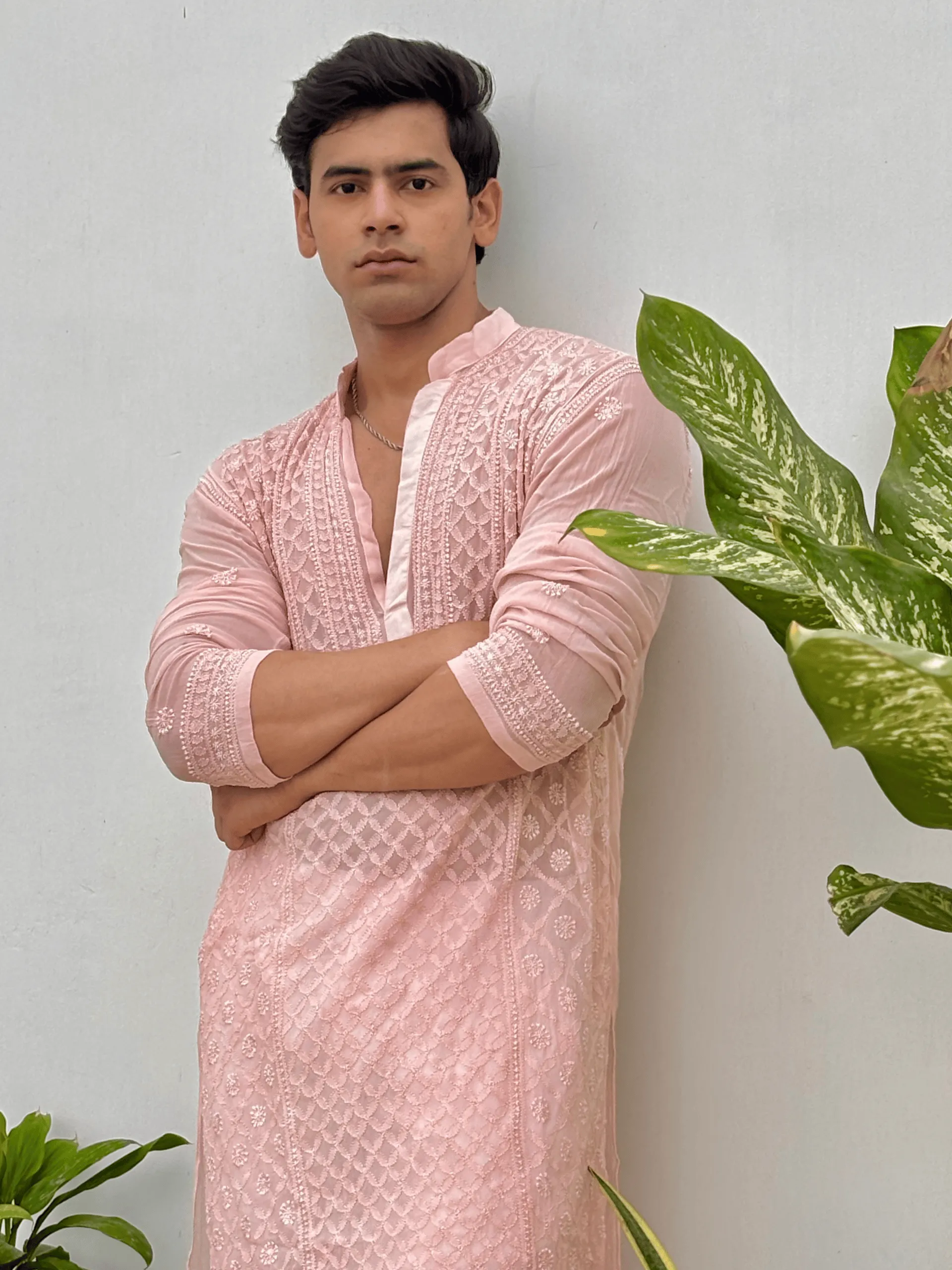 Old Rose Ember Mens Chikankari Hand-embroidered Kurta