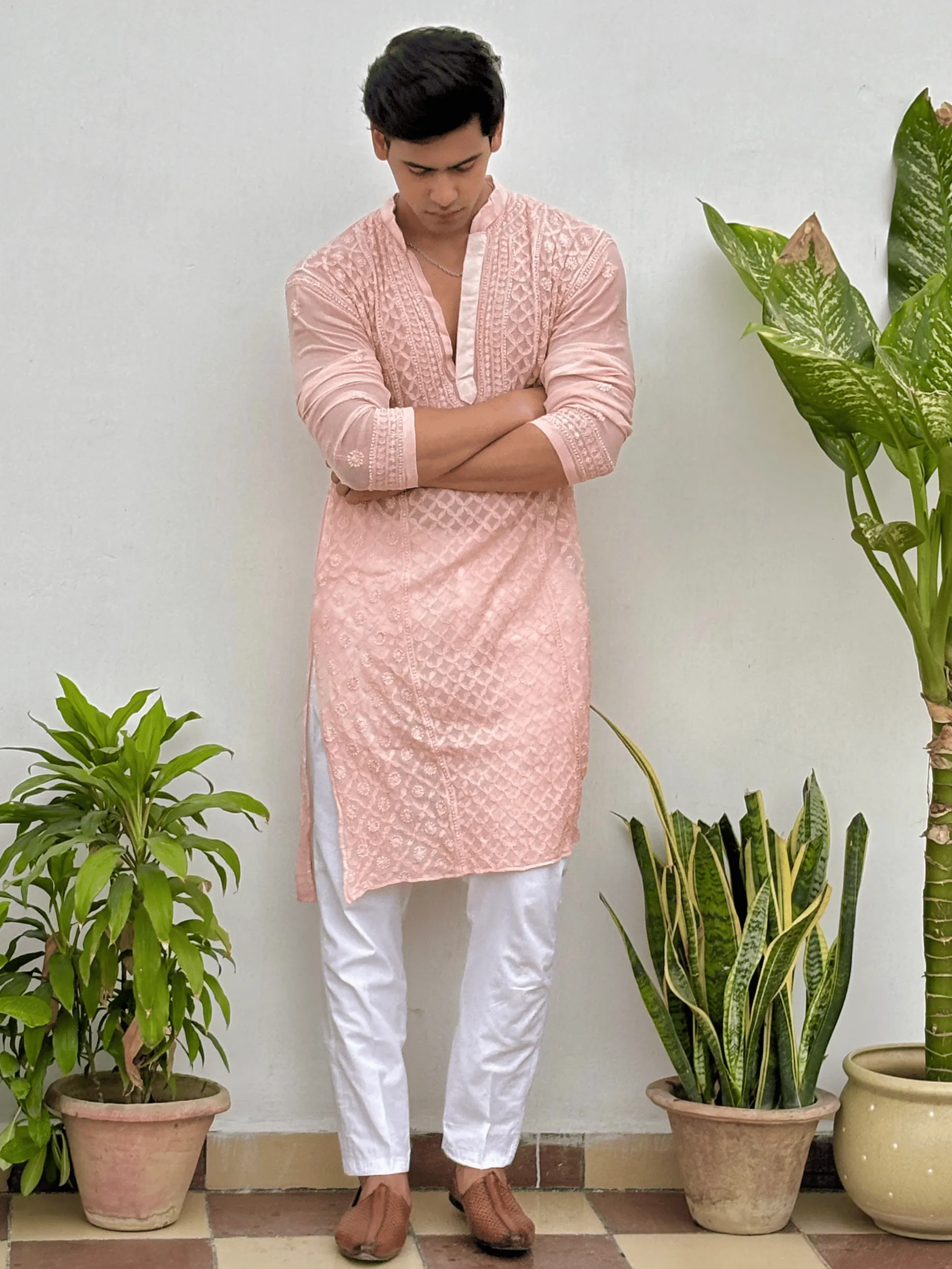 Old Rose Ember Mens Chikankari Hand-embroidered Kurta